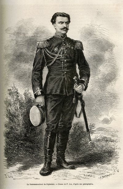 Retrato del viajero y narrador Teniente Coronel de Prjewalski, dibujo de F.Lix para ilustrar el viaje a Mongolia y la tierra de los Tangutes de 1870 a 1873, por el Teniente Coronel de Prjewalski. Grabado en Le tour du monde de Frederic Theodore Lix