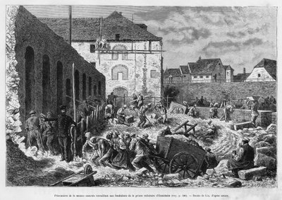 Prisioneros de la casa central trabajando en los cimientos de la prisión de celdas de Ensisheim. Grabado por Lix para ilustrar la historia 