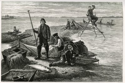 Pesca de salmón. Grabado de F.Lix, para ilustrar la historia “Through Alsace and Lorraine”, en 1884, de Charles Grad (1842-1890), diputado alemán, escritor y naturalista. Publicado en Le Tour du Monde, nuevo diario de viajes, segundo semestre de 1885, edit de Frederic Theodore Lix