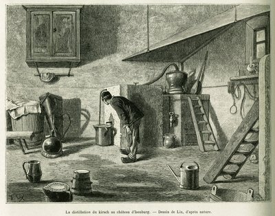 La destilación del kirsch en el castillo de Isenburg. Grabado por Lix, para ilustrar la historia A través de Alsacia y Lorena, en 1887, por Charles Grad, diputado alemán, en le tour du monde 1888, dirigido por Edouard Charton (1807-1890), Hachette, París. de Frederic Theodore Lix