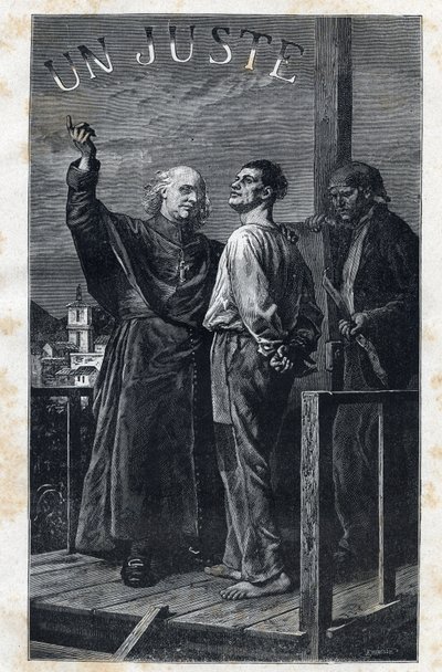 El obispo Myriel acompaña a un condenado a muerte que sube al cadalso - Ilustración de Frédéric Théodore Lix (1830-1897) para “Los Miserables - Primera Parte: Fantine” de Victor Hugo (1802-1885) 1862 de Frederic Theodore Lix