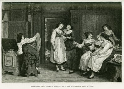 El antiguo traje alsaciano. Grabado por Lix, después de una pintura Presente de Noces por Pabst, para ilustrar la historia A través de Alsacia y Lorena, por Charles Grad, diputado alemán, en 1885, en le tour du monde 1887, bajo la dirección de Edouard Char de Frederic Theodore Lix