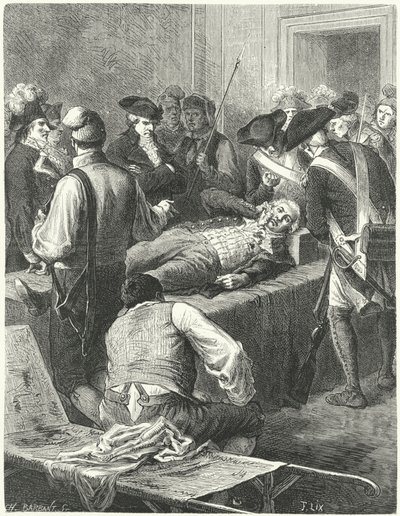 El herido Maximilien Robespierre en el Comité de Seguridad Pública esperando su ejecución, 1794 de Frederic Theodore Lix