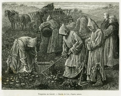 Trapenses trabajando. Grabado por Lix para ilustrar la historia A través de Alsacia y Lorena, por Charles Grad, diputado alemán, en 1885, en le tour du monde 1887, bajo la dirección de Edouard Charton (1807-1890), Hachette, París. de Frederic Theodore Lix