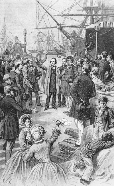 Victor Hugo (1802-85) despidiéndose de sus amigos y seguidores en Amberes el 1 de agosto de 1852, c.1885 de Frederic Theodore Lix