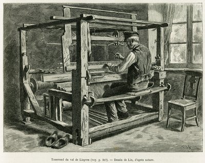 Tejedor del Valle de Liepvre. Grabado de Lix, para ilustrar la historia A través de Alsacia y Lorena, en 1887, por Charles Grad, diputado alemán, en Le Tour du monde 1888, dirigido por Edouard Charton (1807-1890), Hachette, París. de Frederic Theodore Lix