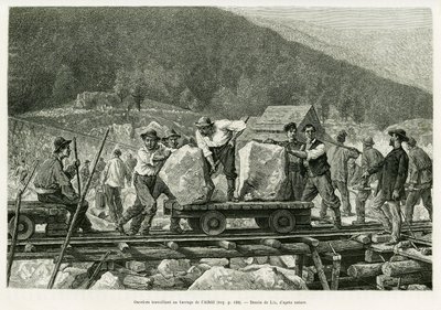 Trabajadores trabajando en la presa de Alfeld. Grabado por Lix para ilustrar la historia 