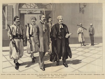 Egipto después de la guerra, Arabi y el Honorable Mark Napier en su camino desde la prisión de Arabi al tribunal, cruzando el patio de la Daira Sanieh de Frederic Villiers