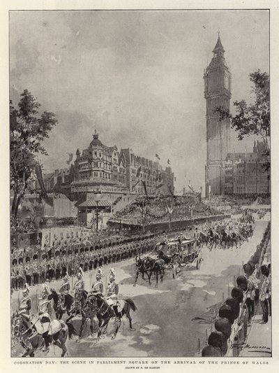 Día de la coronación, la escena en Parliament Square a la llegada del Príncipe de Gales de Frederic de Haenen