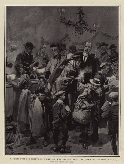 Distribuyendo comida navideña en la cocina modelo de sopa en Euston Road de Frederic de Haenen