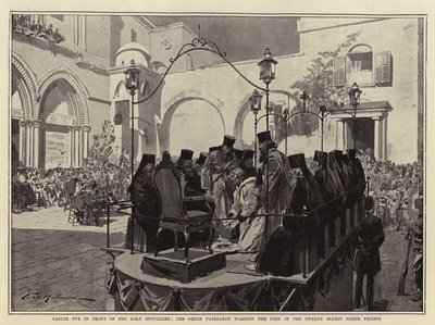 Víspera de Pascua frente al Santo Sepulcro, el Patriarca Griego lavando los pies de los doce sacerdotes griegos más antiguos de Frederic de Haenen