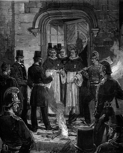 Expulsión de los dominicos de la Rue de Jean de Beauvais en París tras los decretos de marzo de 1880 tomados por Jules Ferry y eliminando el derecho a enseñar a miembros de congregaciones religiosas no autorizadas: lectura del acta de notificación de los d de Frederic de Haenen