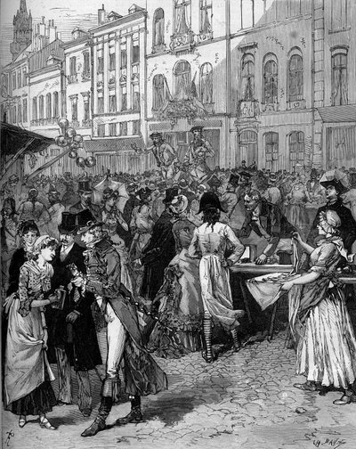 Celebración histórica de la conmemoración del sitio de Lille en 1792: la Braderie Watteau (gran feria) en las calles de la ciudad con los habitantes de moda del siglo XVIII. Grabado por De Haenen en "Le Monde Illustré" n°1334 del 21 de octubre de Frederic de Haenen