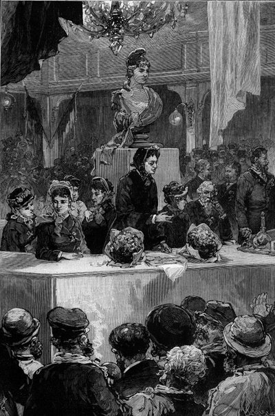 Conferencia de Louise Michel (1830-1905), sala Graffard en París, 30 de noviembre de 1880. Grabado de de Haenen en “El Mundo Ilustre” n°1237 del 11 de diciembre de 1880. de Frederic de Haenen