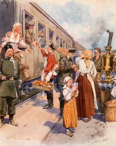 Vendedores de té en una estación de tren de campo de Frederic de Haenen