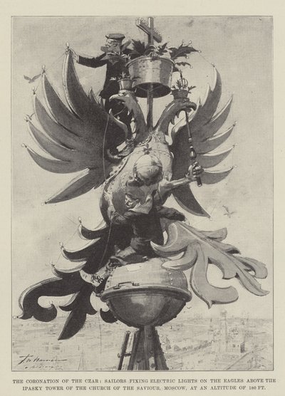 La Coronación del Zar, Marineros fijando Luces Eléctricas en las Águilas sobre la Torre Ipasky de la Iglesia del Salvador, Moscú, a una Altitud de 180 Pies de Frederic de Haenen