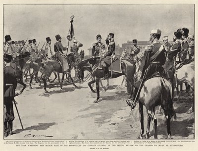 El Zar observando el desfile de su Guardia Real (2º Guardias Cosacos) en la revisión de primavera en el Campo de Marte, San Petersburgo de Frederic de Haenen