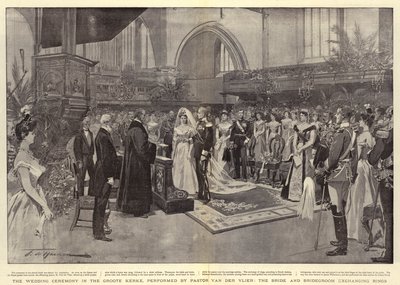 La ceremonia de la boda en la Groote Kerke, realizada por el pastor Van der Vlier, los novios intercambiando anillos de Frederic de Haenen
