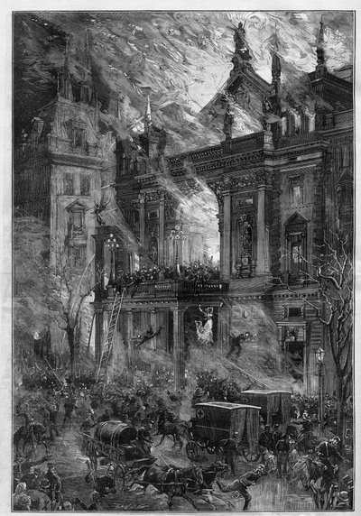 El incendio de la Ópera Wiener Ringtheater en Viena (Austria) el 5 de diciembre de 1881. Grabado por De Haenen en 