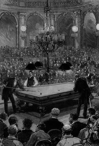 El gran partido internacional de billar entre el Sr. Slosson, campeón estadounidense, y el Sr. Vignaux, campeón francés, en la sala Zodiaque del Grand Hotel de París de Frederic de Haenen