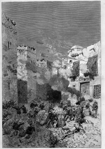 Túnez, julio de 1881: las tropas francesas tomaron la ciudad de Stax tras la revuelta de los habitantes contra el protectorado francés de Túnez. Fusileros marinos fuman casas árabes situadas al pie de la casbah (kasbah) - Grabado de De Haenen en “El Univer de Frederic de Haenen
