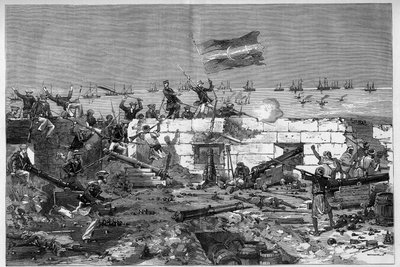 Túnez, julio de 1881: las tropas francesas tomaron la ciudad de Stax tras la revuelta de los habitantes contra el protectorado francés de Túnez. Fusileros marinos desmontan la batería circular. Grabado por De Haenen en “The Illustrous World” n°1273 del 20  de Frederic de Haenen