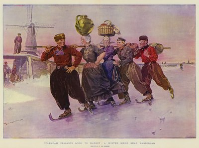 Campesinos de Volendam yendo al mercado, una escena de invierno cerca de Ámsterdam de Frederic de Haenen