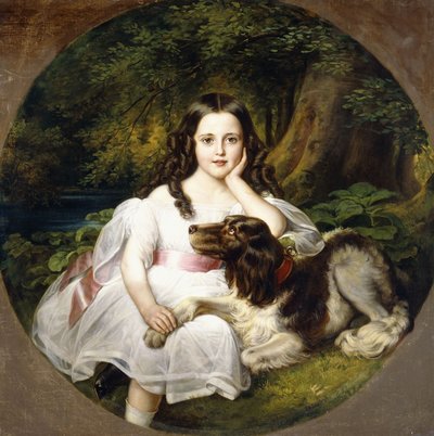 Una joven descansando en un paisaje con su perro de Frederich August Kaulbach