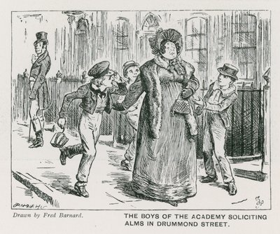 Los chicos de la Academia Wellington House solicitando limosnas en Drummond Street (grabado) de Frederick (after) Barnard