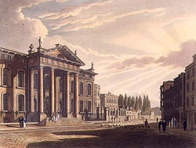 Exterior de la Casa de Impresión Clarendon, ilustración de la 