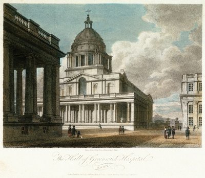 Vista del Hospital de Greenwich (Kent, Inglaterra), descripción de la cúpula y de la esquina noreste del patio del rey Guillermo (William), con la fachada norte del vestíbulo pintada detrás, y con parte del patio y la capilla de la reina María. de Frederick (after) Nash