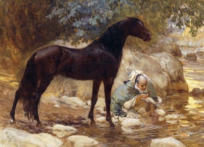 Un árabe dando de beber a su caballo junto a un río, c.1890-1900 de Frederick Arthur Bridgman