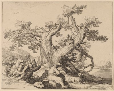 Un hombre y su perro descansando junto a un gran árbol de Frederick Bloemaert after Abraham Bloemaert