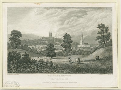 Wolverhampton - Vista distante desde la Carretera de Penn: grabado en acero de Frederick Calvert