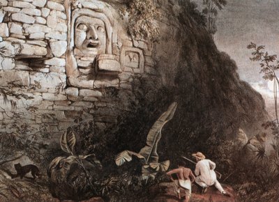 Cazador y su guía ante la cabeza maya de Itzam Na de Frederick Catherwood