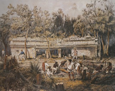 Los arqueólogos Frederick Catherwood y John Lloyd Stephens midiendo el templo de Tulum, Yucatán, México, ilustración de 