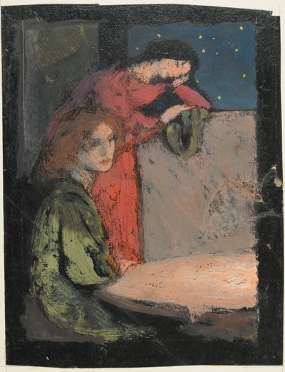 Dos chicas junto a una mesa mirando una noche estrellada de Frederick Cayley Robinson