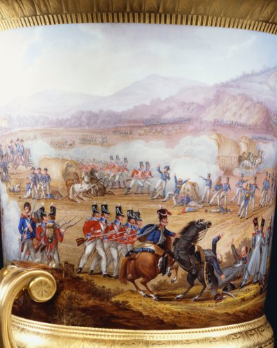 Detalle de un jarrón campana esbelto de fondo dorado de Berlín y pedestal del tipo Servicio Wellington, fechado 1817, pintado con una escena de la Batalla de Vittoria, 1817 de Frederick Christian Lewis