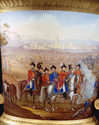 Detalle de Wellington y sus oficiales de un jarrón campana delgado de fondo dorado de Berlín y pedestal del tipo de servicio de Wellington, pintado con una escena de la batalla de Vittoria, 1817 de Frederick Christian Lewis