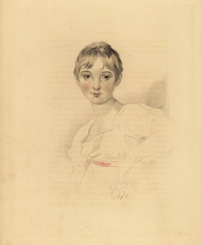 Retrato de Lucy Meredith, sobrina de Sir Thomas Lawrence. Joven preadolescente con vestido blanco y cinturón de cinta rosa. Grabado a mano por Frederick Christian Lewis después de una ilustración de Sir Thomas Lawrence del 