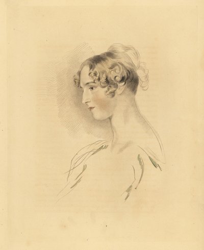 Retrato de Mary Isabella Bloxam como una joven, sobrina de Sir Thomas Lawrence. Con el cabello recogido y rizado, en un vestido con los hombros descubiertos. Grabado por Frederick Christian Lewis después de una ilustración de Sir Thomas Lawrence del Cabine de Frederick Christian Lewis