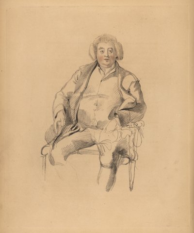 Retrato del padre de Sir Thomas Lawrence, posadero Thomas Lawrence. Hombre corpulento con peluca sentado en una silla. Grabado coloreado a mano por Frederick Christian Lewis después de una ilustración de Sir Thomas Lawrence del Cabinet of Gems de P.G. Patm de Frederick Christian Lewis