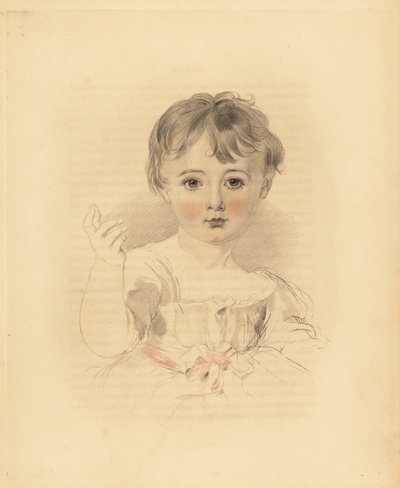 Retrato de Thomas Lawrence Bloxam, sobrino de Sir Thomas Lawrence. Vestido atado con una cinta rosa. Grabado coloreado a mano por Frederick Christian Lewis después de una ilustración de Sir Thomas Lawrence del Cabinet of Gems de P.G. Patmore, Ackermann, Lo de Frederick Christian Lewis