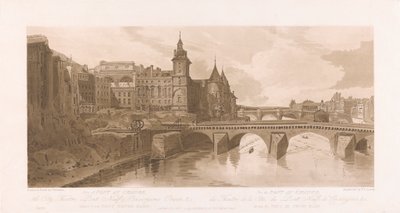 Vista de Pont au Change, Theatre de la Cite, Pont Neuf y la Prisión de la Conciergerie de Frederick Christian Lewis the Elder