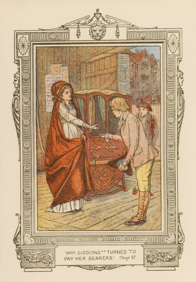 "La Sra. Siddons se volvió para pagar a sus portadores" (litografía en color) de Frederick Colin Tilney