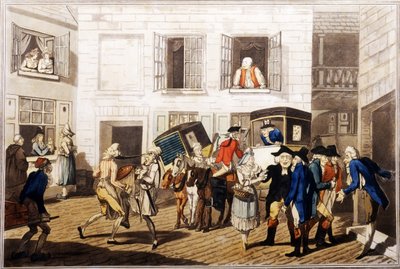 Patio de la posada en Calais, pub. por William Holland, Londres, 1790 (acuafuerte coloreada a mano) de Frederick George Byron
