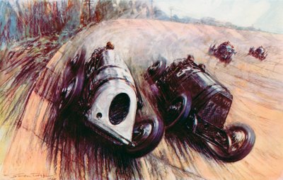 Una batalla de gigantes en Brooklands, el Leyland blanco de Parry Thomas luchando contra el gran Fiat de Eldridge en la banca (litografia en color) de Frederick Gordon (after) Crosby