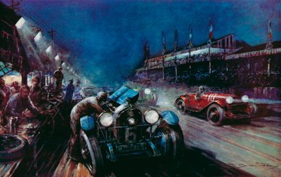 Uno de los exitosos autos Lorraine-Dietrich repostando en boxes durante la carrera nocturna en la carrera de 24 horas de Le Mans (fotografía en color) de Frederick Gordon (after) Crosby