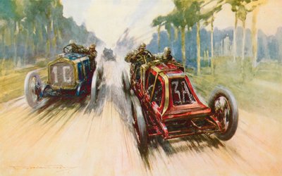 El Renault rojo de Szisz, muy ayudado por el hecho de que tenía llantas desmontables por primera vez, es el vencedor en el primer Gran Premio (litografia en color) de Frederick Gordon (after) Crosby