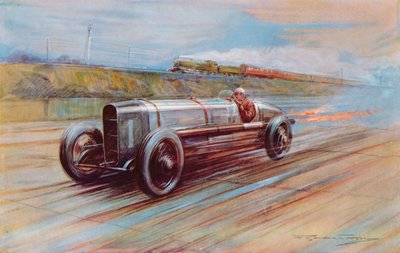 El Sunbeam de 12 cilindros con motor aerodinámico que K Lee Guinness hizo famoso en Brooklands y el automóvil más rápido de 1922 (litografia en color) de Frederick Gordon (after) Crosby